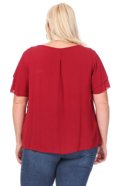 Plus Size Short Flutter Sleeve Keyhole Blouse