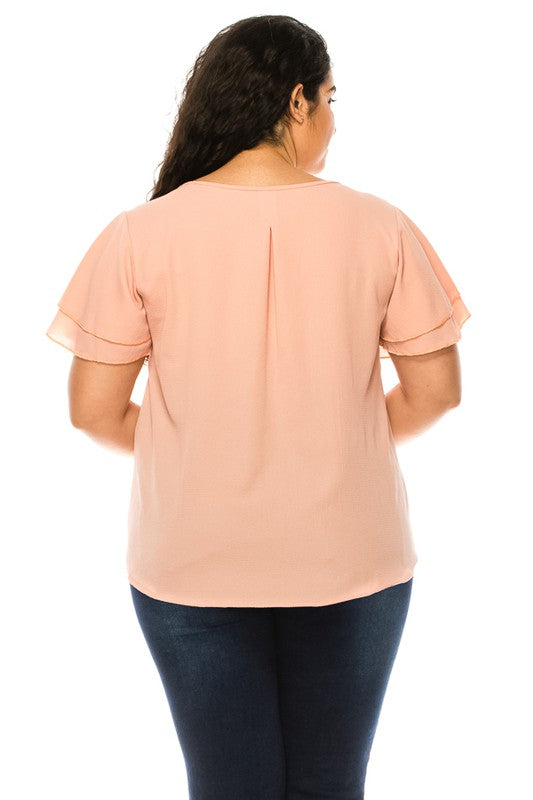 Plus Size Short Flutter Sleeve Keyhole Blouse