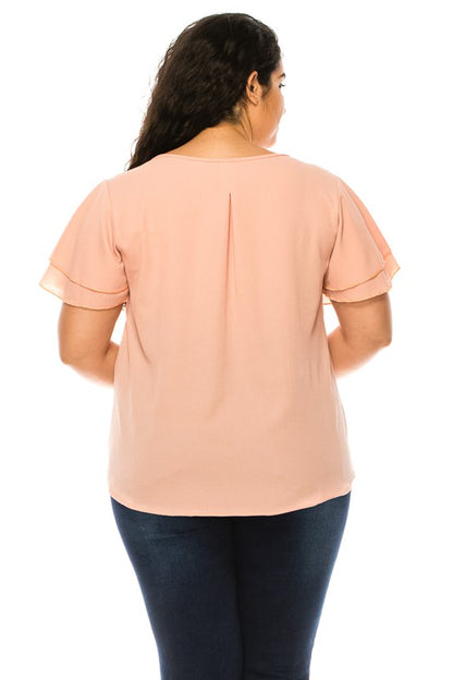 Plus Size Short Flutter Sleeve Keyhole Blouse