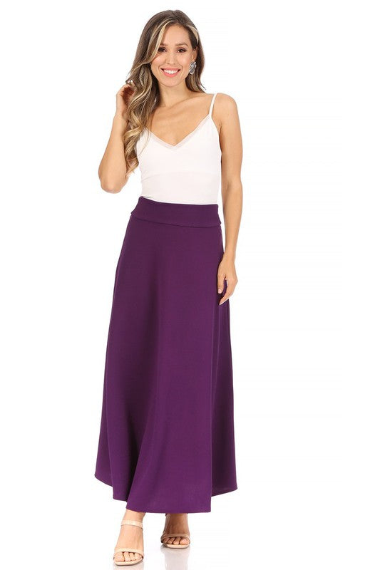Solid High Waisted A-Line Midi Skirt - Elegant and Comfortable with Elastic Waist