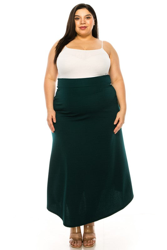 Plus Size High Waisted A-Line Midi Skirt - Elastic Waist