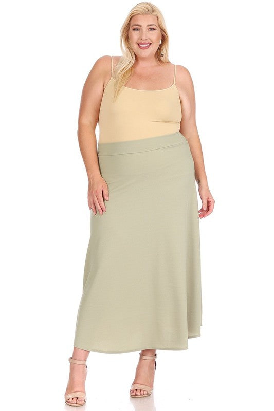 Plus Size High Waisted A-Line Midi Skirt - Elastic Waist