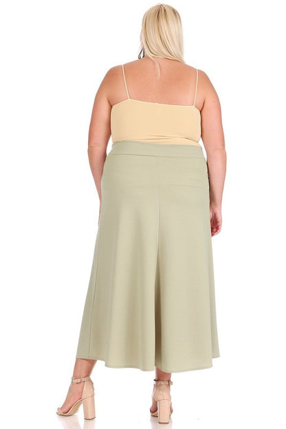 Plus Size High Waisted A-Line Midi Skirt - Elastic Waist