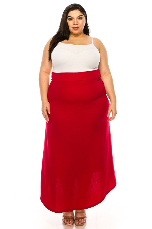 Plus Size High Waisted A-Line Midi Skirt - Elastic Waist