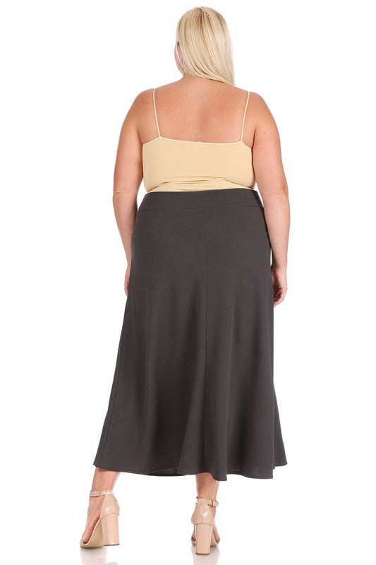 Plus Size High Waisted A-Line Midi Skirt - Elastic Waist