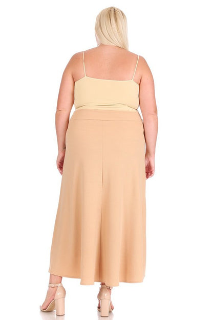 Plus Size High Waisted A-Line Midi Skirt - Elastic Waist