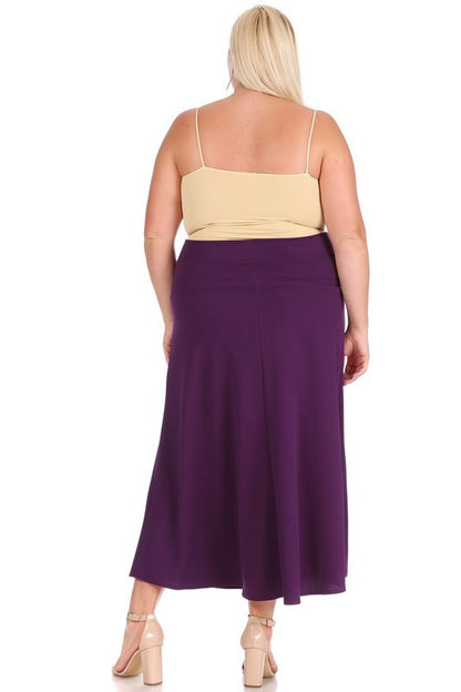Plus Size High Waisted A-Line Midi Skirt - Elastic Waist