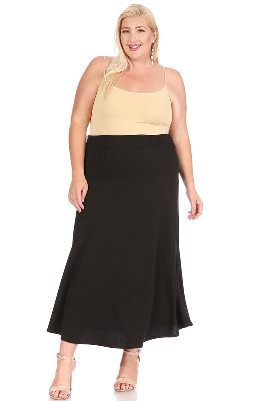 Plus Size High Waisted A-Line Midi Skirt - Elastic Waist