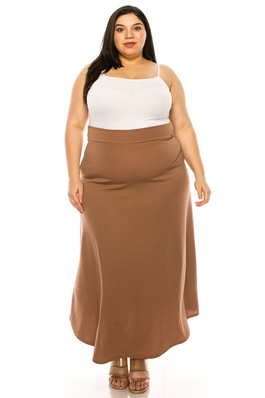 Plus Size High Waisted A-Line Midi Skirt - Elastic Waist