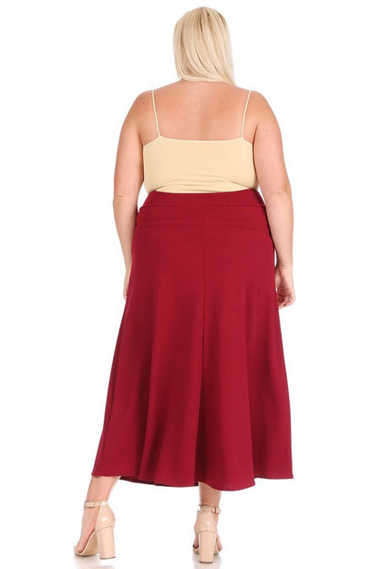 Plus Size High Waisted A-Line Midi Skirt - Elastic Waist