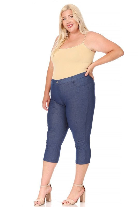 Stretchy Plus Size Capri Jeggings - Pull-On Style with Belt Loops & Pockets