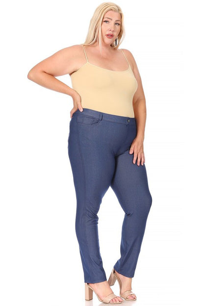 Plus Size Stretchy Pull Up Full Length Jeggings with Belt Loops and Pockets