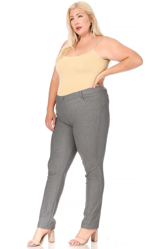 Plus Size Stretchy Pull Up Full Length Jeggings with Belt Loops and Pockets