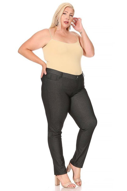 Plus Size Stretchy Pull Up Full Length Jeggings with Belt Loops and Pockets