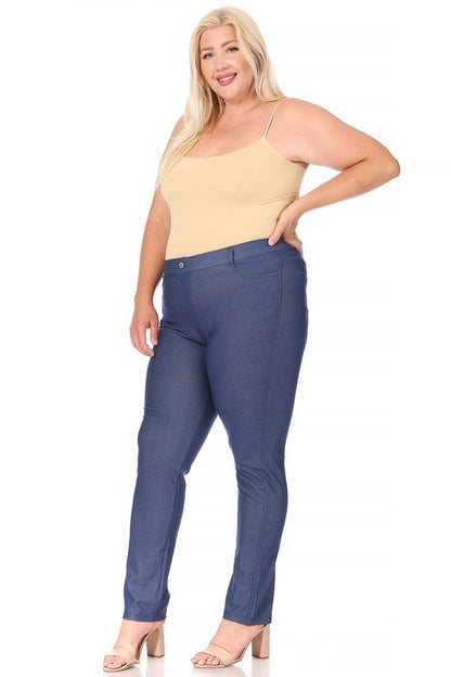 Plus Size Stretchy Pull Up Full Length Jeggings with Belt Loops and Pockets