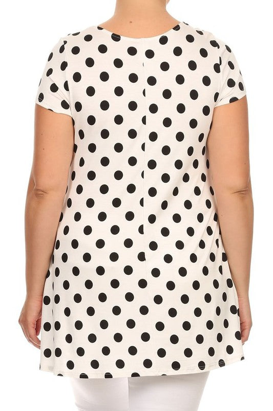 Polka Dot Tunic Top Loose Fit, Round Neck, Short Sleeves Curved Hem Side Pockets