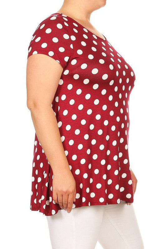 Polka Dot Tunic Top Loose Fit, Round Neck, Short Sleeves Curved Hem Side Pockets