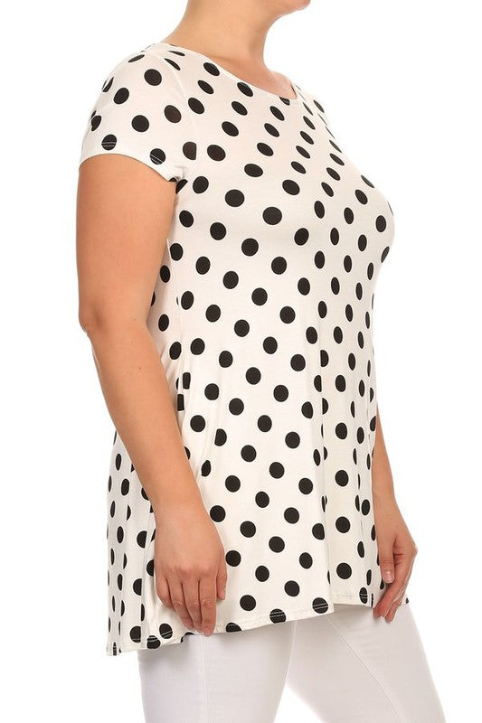 Polka Dot Tunic Top Loose Fit, Round Neck, Short Sleeves Curved Hem Side Pockets