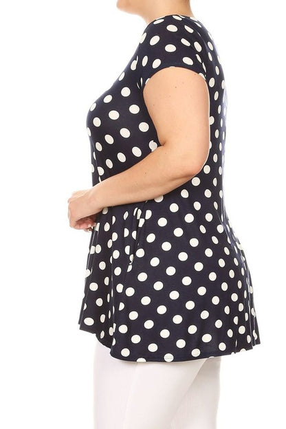 Polka Dot Tunic Top Loose Fit, Round Neck, Short Sleeves Curved Hem Side Pockets