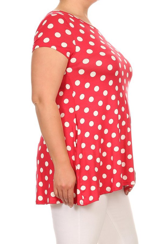 Polka Dot Tunic Top Loose Fit, Round Neck, Short Sleeves Curved Hem Side Pockets