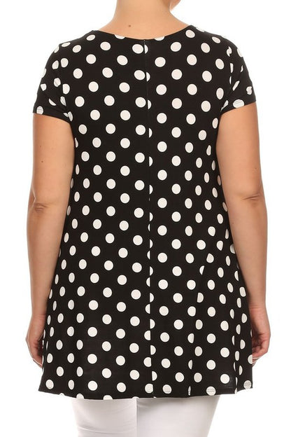 Polka Dot Tunic Top Loose Fit, Round Neck, Short Sleeves Curved Hem Side Pockets