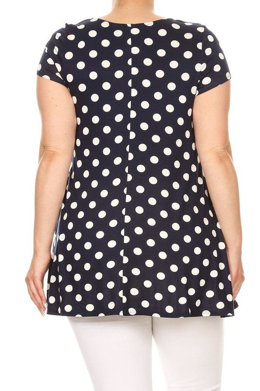 Polka Dot Tunic Top Loose Fit, Round Neck, Short Sleeves Curved Hem Side Pockets