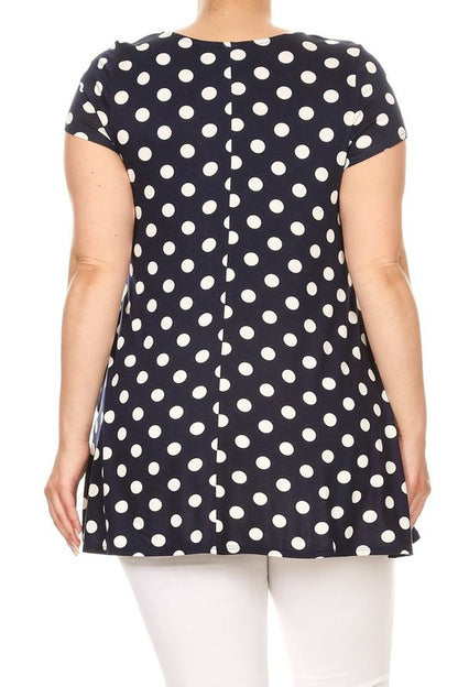 Polka Dot Tunic Top Loose Fit, Round Neck, Short Sleeves Curved Hem Side Pockets