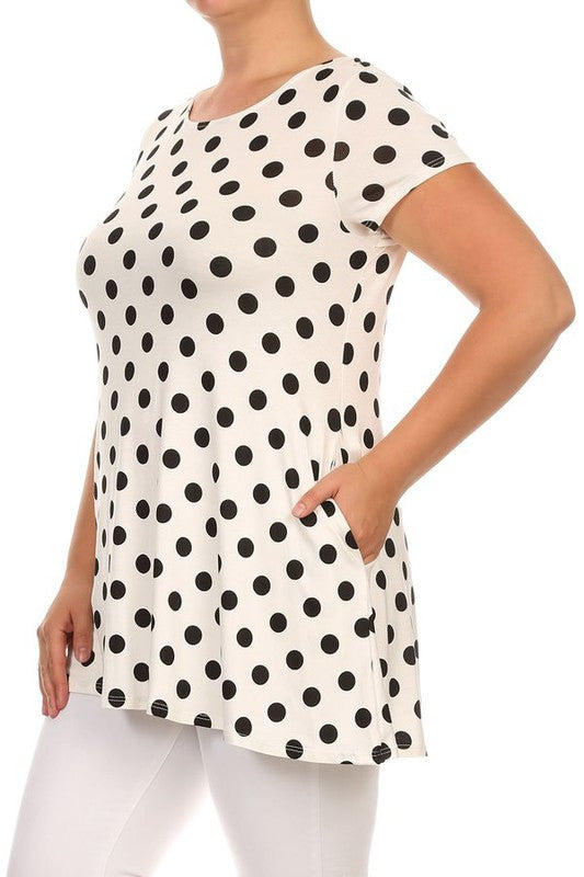Polka Dot Tunic Top Loose Fit, Round Neck, Short Sleeves Curved Hem Side Pockets