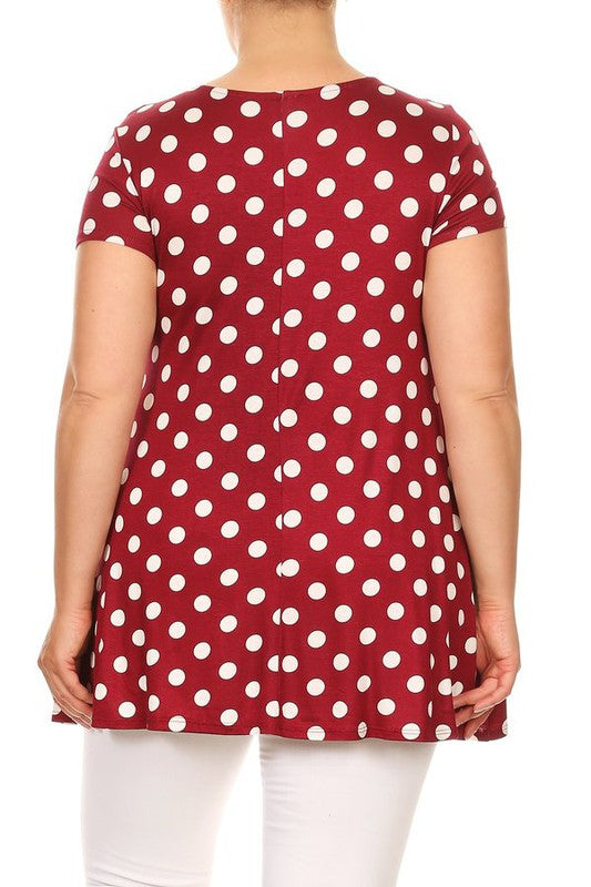 Polka Dot Tunic Top Loose Fit, Round Neck, Short Sleeves Curved Hem Side Pockets