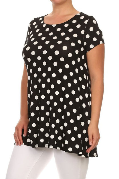 Polka Dot Tunic Top Loose Fit, Round Neck, Short Sleeves Curved Hem Side Pockets