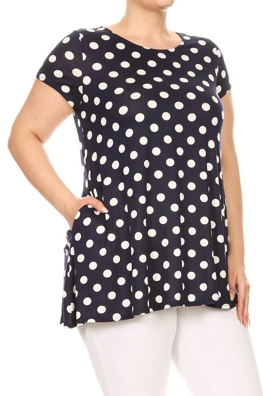 Polka Dot Tunic Top Loose Fit, Round Neck, Short Sleeves Curved Hem Side Pockets
