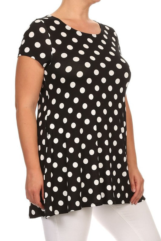 Polka Dot Tunic Top Loose Fit, Round Neck, Short Sleeves Curved Hem Side Pockets