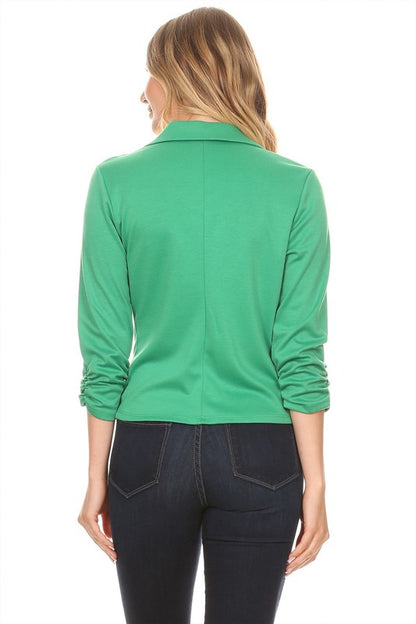 Solid Waist Length Blazer - Fitted Style with Button Closure and Ruched Sleeves