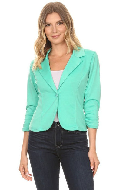 Solid Waist Length Blazer - Fitted Style with Button Closure and Ruched Sleeves
