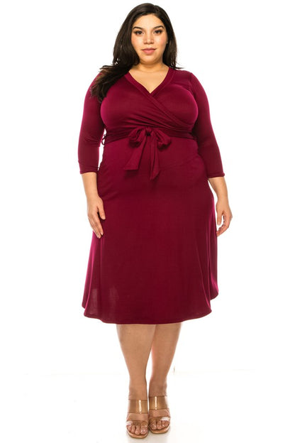 MOA Collection Plus Size Solid Faux Wrap Dress with Deep V-Neck and Waist Tie