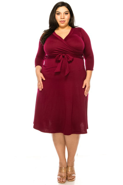 MOA Collection Plus Size Solid Faux Wrap Dress with Deep V-Neck and Waist Tie