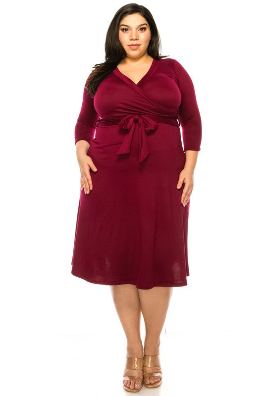 MOA Collection Plus Size Solid Faux Wrap Dress with Deep V-Neck and Waist Tie