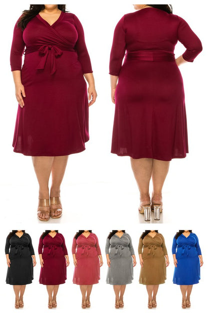 MOA Collection Plus Size Solid Faux Wrap Dress with Deep V-Neck and Waist Tie