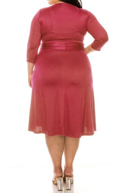 MOA Collection Plus Size Solid Faux Wrap Dress with Deep V-Neck and Waist Tie