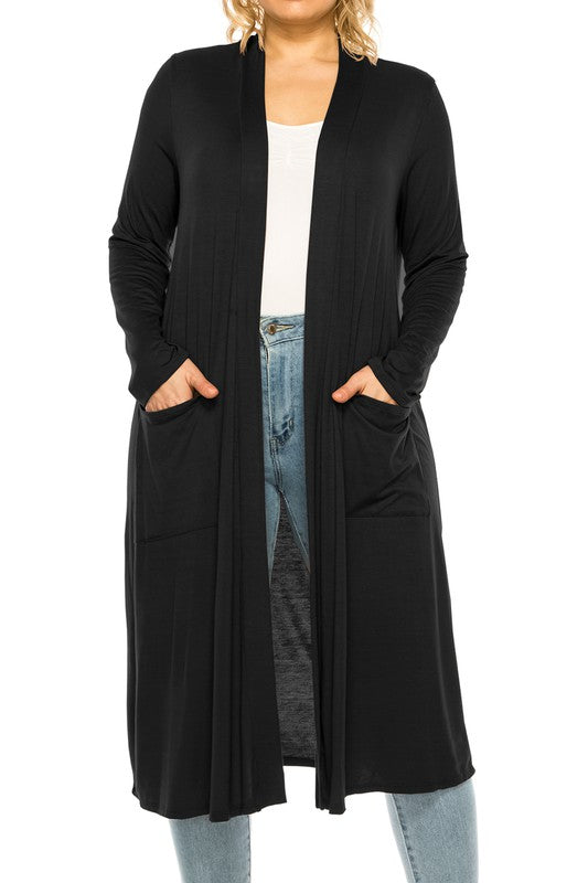 Solid Duster Cardigan Plus Size Loose Fit Open Front Long Sleeves Side Pockets