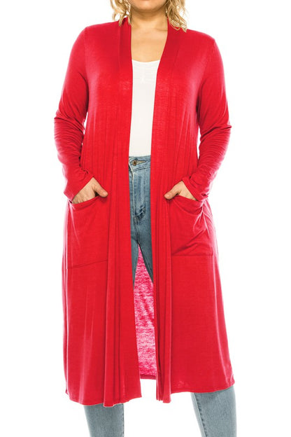Solid Duster Cardigan Plus Size Loose Fit Open Front Long Sleeves Side Pockets