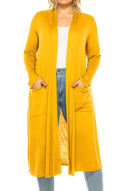 Solid Duster Cardigan Plus Size Loose Fit Open Front Long Sleeves Side Pockets