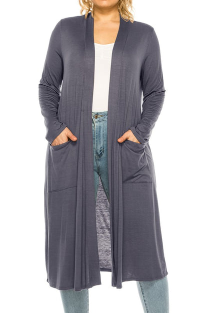 Solid Duster Cardigan Plus Size Loose Fit Open Front Long Sleeves Side Pockets