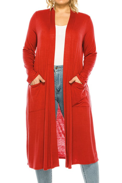 Solid Duster Cardigan Plus Size Loose Fit Open Front Long Sleeves Side Pockets