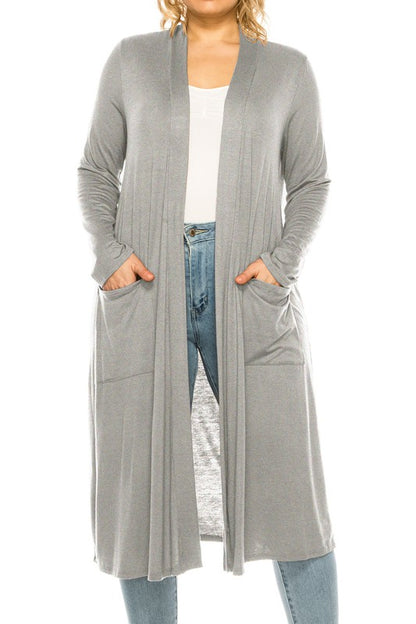 Solid Duster Cardigan Plus Size Loose Fit Open Front Long Sleeves Side Pockets
