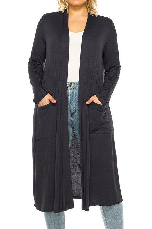 Solid Duster Cardigan Plus Size Loose Fit Open Front Long Sleeves Side Pockets