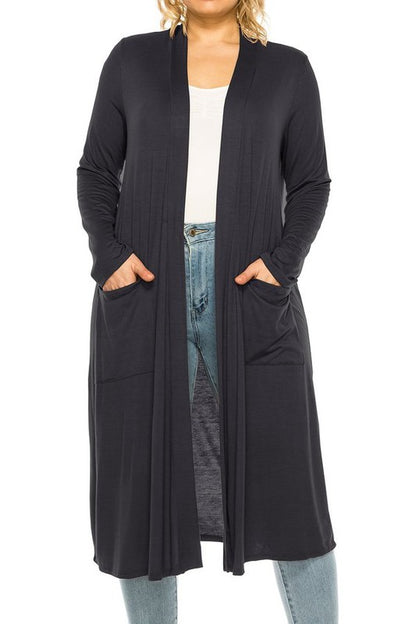 Solid Duster Cardigan Plus Size Loose Fit Open Front Long Sleeves Side Pockets