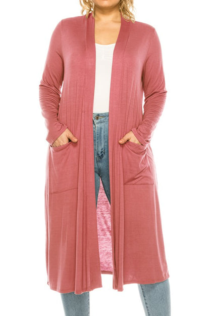 Solid Duster Cardigan Plus Size Loose Fit Open Front Long Sleeves Side Pockets