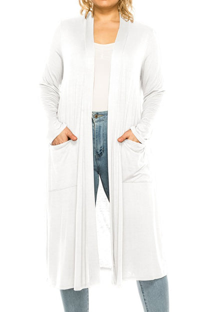 Solid Duster Cardigan Plus Size Loose Fit Open Front Long Sleeves Side Pockets