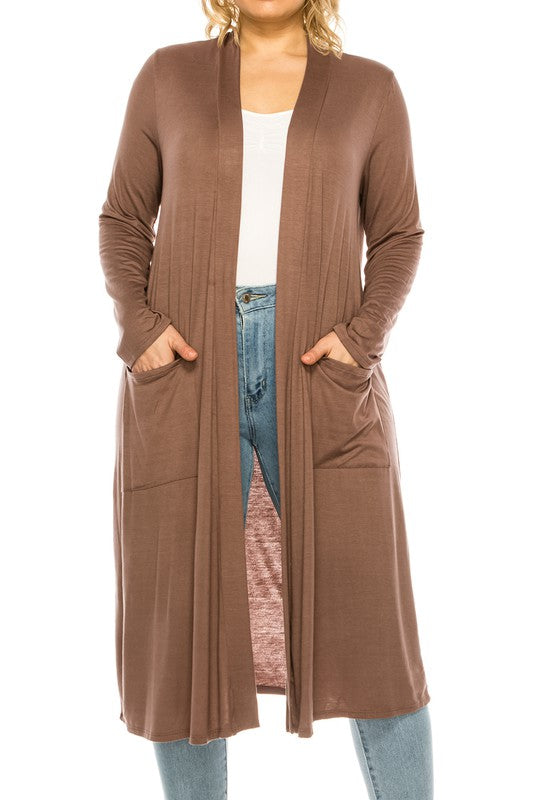 Solid Duster Cardigan Plus Size Loose Fit Open Front Long Sleeves Side Pockets